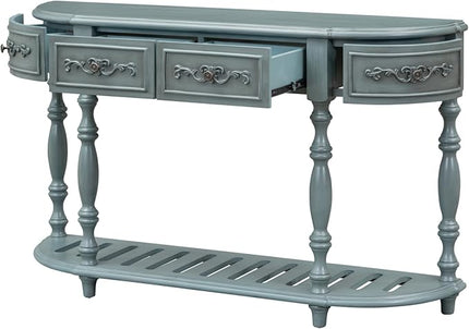 HMFULE Retro Curved Console Table, 52" Solid Wood Half Moon Console Table Sofa Table with 4 Drawers 1 Open Shelf for Living Room,Entryway,Hallway,Antique Blue