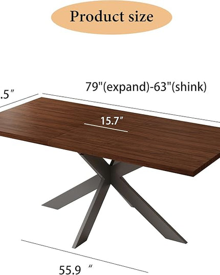 ZckyCine 63"-79" Extendable Dining Table, Modern Walnut Finish Table with Sturdy Metal Frame, Rectangular Kitchen Table for 6-8 People, Easy Assembly, Space-Saving Design