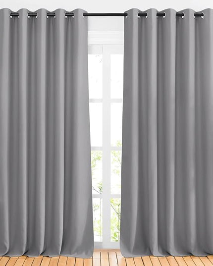 NICETOWN Blackout Silver Grey Curtains & Drapes for Bedroom - Noise Reducing Thermal Insulated Solid Grommet Room Darkening Window Drapes for French Door (2 Panels, 66 x 90 Inch)