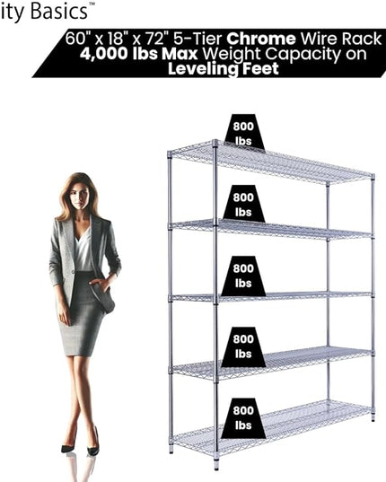 NSF Commercial 5-Tier Wire Shelving with Wheels, 60"x18"x72" Heavy Duty Metal Shelves 4000 lbs Max Capacity, Chrome Storage Rack for Garage Kitchen Pantry Warehouse
