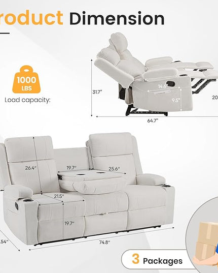 Reclining Sofa Couch,Loveseat Recliner Sofa with Drop Down Table/ 4 Cup Holder/Hidden Storage, Wall Hugger Recliner Sofa for Living Room & Home Theater & RV(Beige)