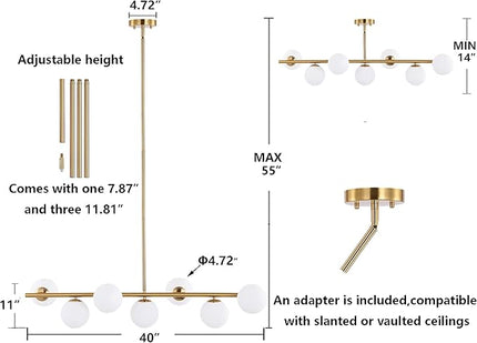 7 Lights Modern Sputnik Chandelier Globe White Glass Shade Brass Linear Mid Century Farmhouse Pendant Light Fixture for Kitchen Island Bedroom Dining Lighting (Gold)
