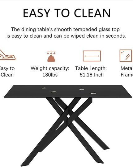 51" Rectangular Glass Dining Table Modern Kitchen Glass Top Table for 4 with Black Metal Legs, Clear Dining Table Kitchen Table for Home Office Dining Room
