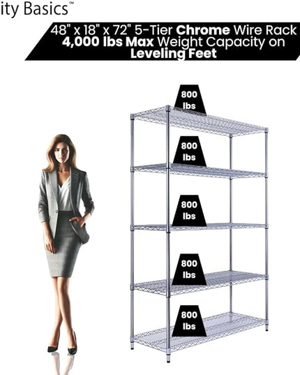 NSF Commercial 5-Tier Wire Shelving with Wheels, 48"x18"x72" Heavy Duty Metal Shelves 4000 lbs Max Capacity, Chrome Storage Rack for Garage Kitchen Pantry Warehouse
