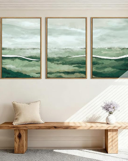 ANHUIB Green Wall Art 16x24 Inch Large Canvas Wall Art Abstract Watercolor Wall Decor Misty Landscape Art Prints Framed Neutral Paintings Set of 3 for Living Room Bedroom Ofice