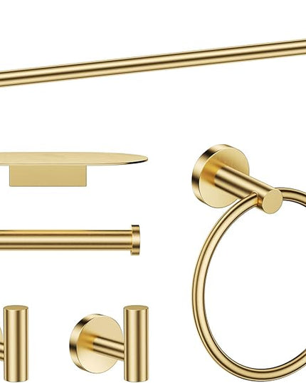TURS Brushed Gold 5 Piece Bathroom Hardware Set, SUS304 Stainless Steel Bath Towel Bar Set, Bathroom Towel Rack Set Wall Mounted