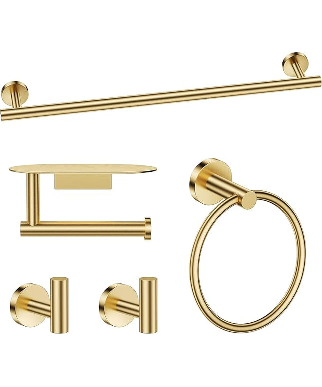 TURS Brushed Gold 5 Piece Bathroom Hardware Set, SUS304 Stainless Steel Bath Towel Bar Set, Bathroom Towel Rack Set Wall Mounted