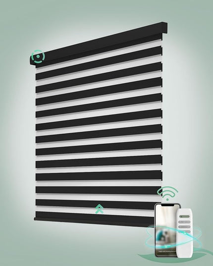 Yoolax Motorized Zebra Blinds, Remote Zebra Shades for Indoor Windows, Motorized Shades with Remote Light Control Horizontal Window Blinds Custom Size(70% Shading Wool Black)