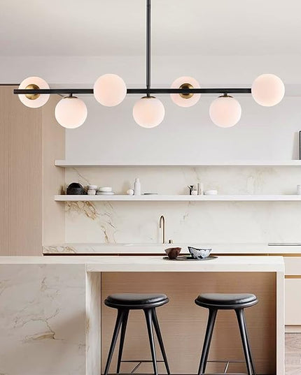 7 Lights Modern Sputnik Chandelier Globe White Glass Shade Linear Mid Century Farmhouse Pendant Light Fixture for Dining Kitchen Island Bedroom Lighting (Gold/Black)