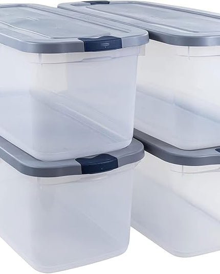 Rubbermaid Roughneck Clear 95 Qt/23.75 Gal Storage Containers, Pack of 4 with Latching Grey Lids, Visible Base, Sturdy and Stackable, Great for Storage and Organization