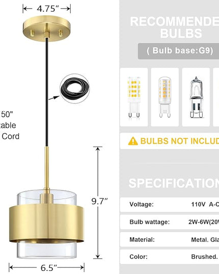 3 Pack 1 Light Hanging Kitchen Island Modern Industrial Farmhouse 6.5" Metal Shade Clear Glass Pendant Light Fixture,Gold Finish Over Sink Restaurant bar Corridor