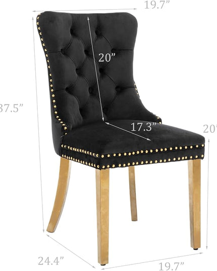 SoarFlash Velvet Dining Chair Set of 2, Upholstered Tufted Dining Room Chair with Nailhead Trim and Solid Gold Plated Leg for Kitchen (Black)