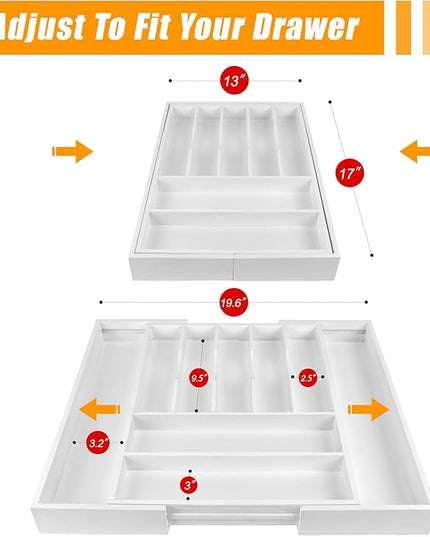 Bellsal Large Premium Bamboo Silverware Organizer - Expandable Utensil Drawer Organizer - 17"x19.6" Utensil Holder and Cutlery Tray with Grooved for Kitchen Flatware and Utensils(7-9 Slot, White)