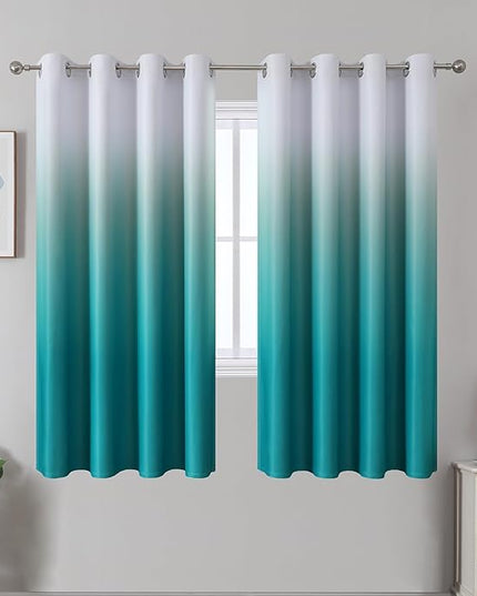 Estelar Textiler Gradient Blackout Curtains 2 Panel for Living Room, Full Light Blocking Thermal Insulated Grommet Window Ombre Drapes for Bedroom 63 Inch Length, Teal and Greyish White, 52Wx63L