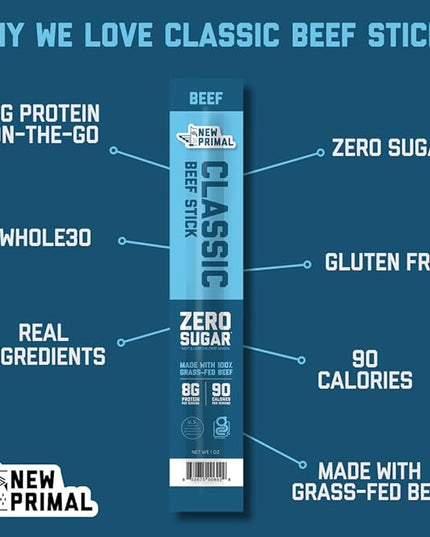 The New Primal Grass Fed Beef Sticks, Keto, Gluten Free Healthy Snacks for Adults, Sugar Free Low Carb High Protein Snack, Paleo Whole30 Jerky Meat Stick, 8g Protein, 90 Calories, 20 Pack