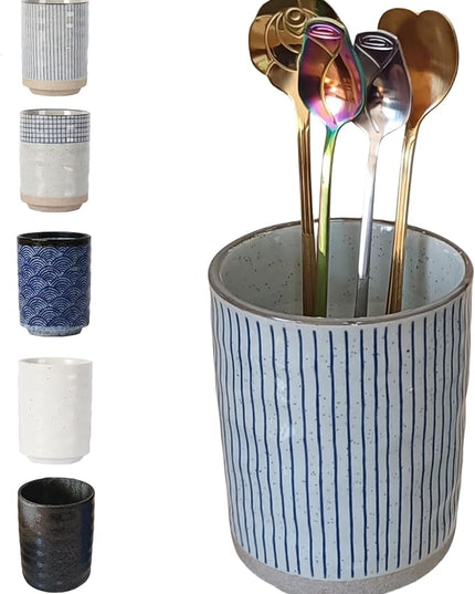 Stoneware Coffee Bar Utensil Holder Tea & Coffee Spoon & Stirrer Holder for Stir Stick Straw Teaspoon Holder Spoon Cup Small Utensil Jar (Blue Stripes)