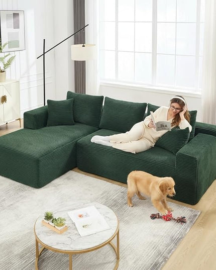 PELUMY 108.7" L-Shaped Modular Sectional Sofa with Oversized Chaise, Cloud Couch with Memory Foam, No Assembly Required Sleeper Sofa for Small Space Living Room, Apartment (Green, Corduroy)