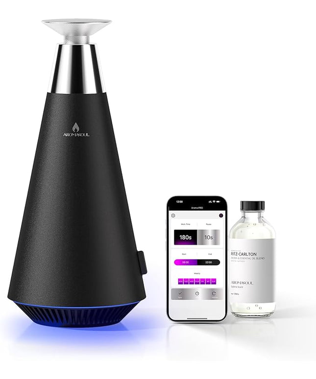 Waterless Scent Diffuser Starter Kit - 1500 Sq Ft Coverage, Alloy Atomization System,Mood Light,Smart Rechargeable Hotel Scent Diffuser, Including 120ml Essential Oil, for Home,Large Room,Spa,Black