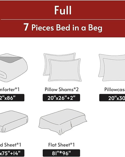 MUXHOMO 7 Pieces Full Comforter Set, Reversible Bed in a Bag Full Size, All Season Bedding Set with Comforter, Flat Sheet, Fitted Sheet, Pillowcases & Shams, Greyish Blue & Light Grey