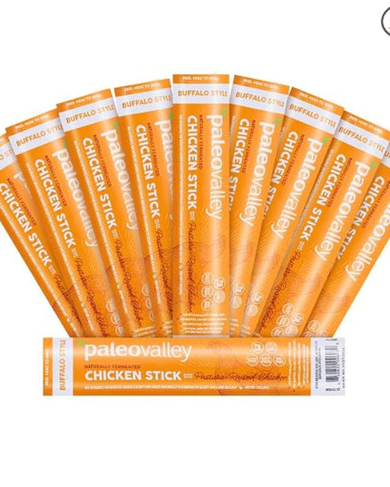Paleovalley Pasture-Raised Chicken Sticks – 10 Pack – 7g Protein per Stick – Keto-Friendly, Paleo, Gluten-Free, Nitrate-Free – On-the-Go Snack (10 Pack, Buffalo)