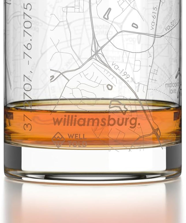 Well Told Engraved Williamsburg Virginia Map Rocks Glass, Old Fashioned Glassware (11 oz, Clear) Etched Bourbon Tumbler, Gifts For Whiskey Lovers