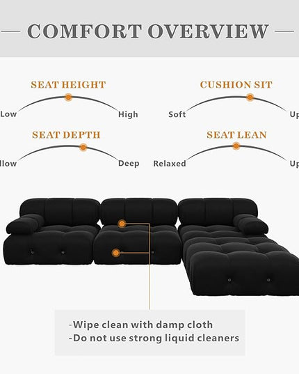 JACH 104'' Modern Sectional Sofa, L-Shaped Minimalist Velvet Floor Sofas Couches, Couch Sectional with Reversible Chaise Ottoman for Living Room Office Apartment (3 Seats,1 Ottoman, Black)
