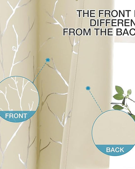 BUHUA Black Out Curtains 108 Inch Long 2 Panels, Soundproof Curtains with Elegant Silver Tree Branches Print, Heat Blocking Curtains for Livingroom, 52W x 108L, Beige