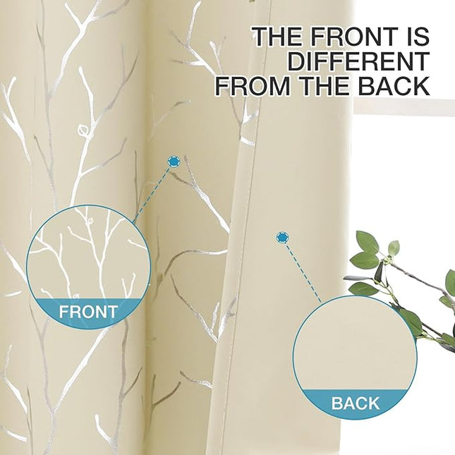 BUHUA Black Out Curtains 108 Inch Long 2 Panels, Soundproof Curtains with Elegant Silver Tree Branches Print, Heat Blocking Curtains for Livingroom, 52W x 108L, Beige