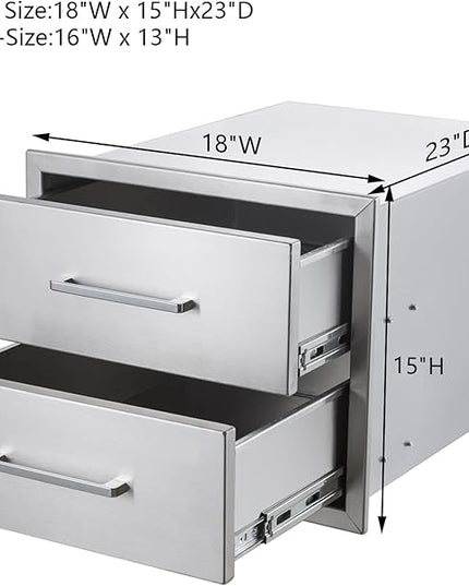 18" W x 15" H x 23" D Stainless Steel Outdoor Kitchen Drawers BBQ Drawers Double Access Flush Mount for Outdoor Kitchens Or BBQ Island