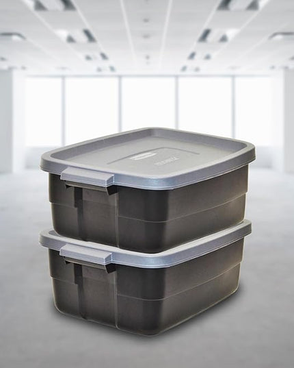 Rubbermaid 6-Pack Totes for Storage with Lids, Heavy Duty Plastic Storage Bins with Lids, Black Gray, 10 GAL - Stackable for Garage, Attic, Camping (10 GAL - 6 Pack Solid Black and Grey)