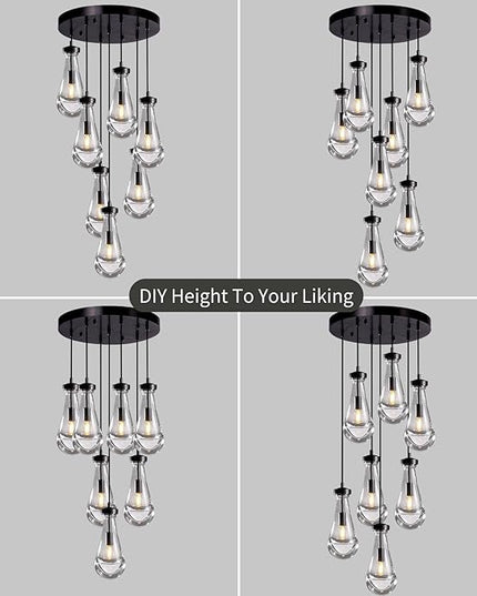 Modern 7-Light Raindrop Chandelier, Bronze Finish Teardrop Cluster Pendant Light for Kitchen Island, Dining Room Over Table Adjustable Hanging Fixture for High Ceilings, Entryway & Staircase