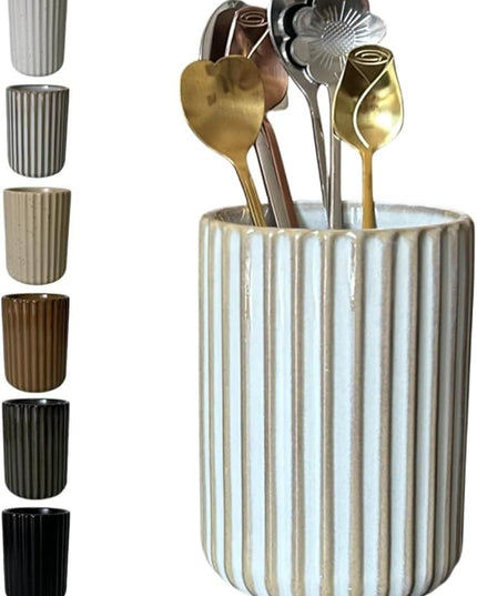 Stoneware Coffee Bar Utensil Holder Tea & Coffee Spoon & Stirrer Holder for Stir Stick Straw Teaspoon Holder Spoon Cup Small Utensil Jar Fluted Vertical Stripe (Retro White)