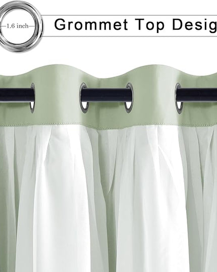 Hiasan Blackout Curtains with Sheer Overlay, Grommet Thermal Insulated Privacy Mix and Match Double Layer Window Curtains for Bedroom, Living Room, 2 Drape Panels with Tiebacks, Seafoam, 52W X 63L