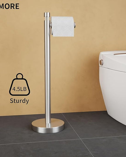 YUMORE Toilet Paper Holder Stand Freestanding, Weighted and Sturdy Brushed Nickel Stainless Steel Design with Non-Slip Cap, Rustproof Tissue Roll Holder for Modern Bathroom, RV