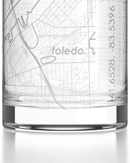 Well Told Engraved Toledo Ohio Map Rocks Glass, Old Fashioned Glassware (11 oz, Clear) Etched Bourbon Tumbler, Gifts For Whiskey Lovers
