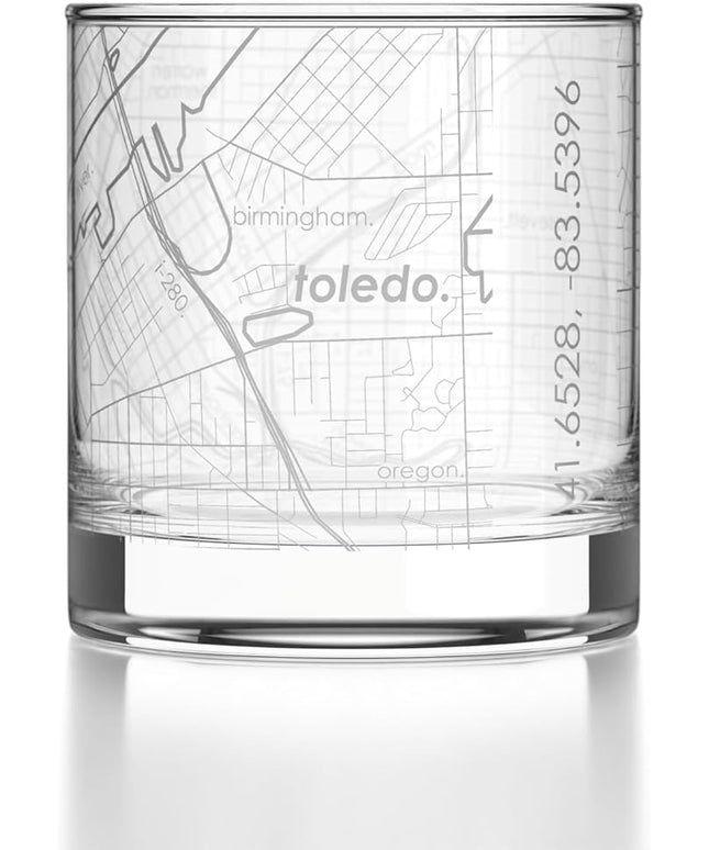 Well Told Engraved Toledo Ohio Map Rocks Glass, Old Fashioned Glassware (11 oz, Clear) Etched Bourbon Tumbler, Gifts For Whiskey Lovers