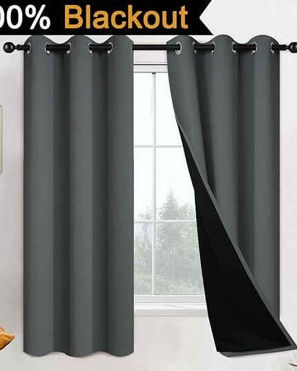 Yakamok 63 Inch Length 100% Blackout Curtains for Bedroom, 2 Thick Layers Thermal Insulated Grommet Total Blackout Drapes with Black Liner for Living Room (42Wx63L,Dark Grey, 2 Panels)