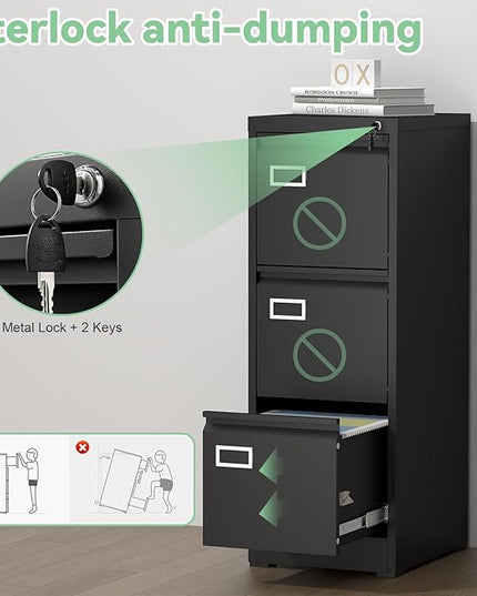 File Cabinet,3 Drawer Filing Cabinet with Lock,Metal Filing Cabinets for Home Office,School,Vertical File Cabinets for Letter/Legal/A4/F4 Size,Assembly Require,Black