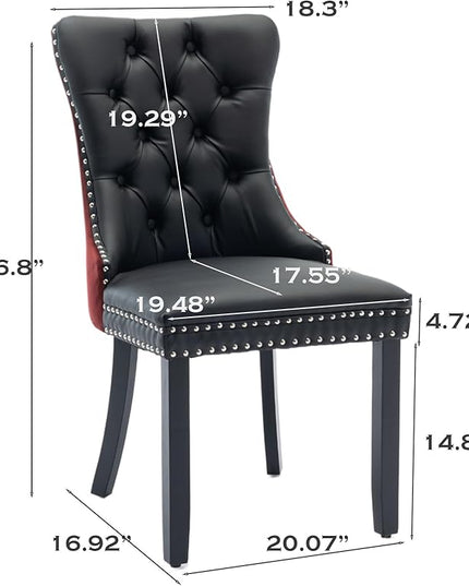 SoarFlash Leather Dining Chairs Set of 2, Tall Back Side Chair, Modern Upholstered Side Chair with Button Back Ring, Solid Wood Legs (Black&Red)