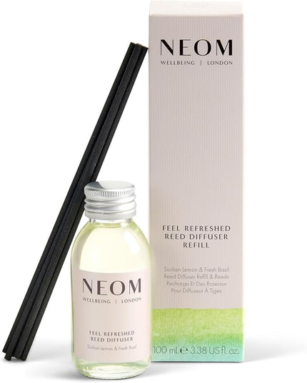 NEOM Feel Refreshed Reed Diffuser Refill, 100ml I Sicilian Lemon and Fresh Basil I 100% Natural fragrances for 12 Weeks I Pure Essential Oils I Energising