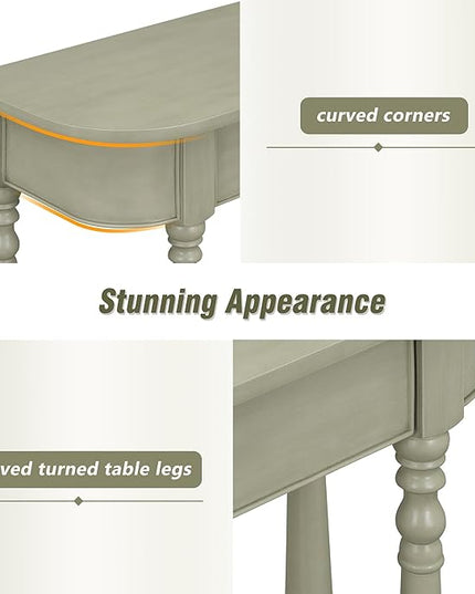 HMFULE Retro Curved Console Table, 36" Solid Wood Half Moon Console Table Sofa Table Entryway Table with 1 Drawer 1 Open Shelf Roman Legs Curved Corners for Living Room,Entryway,Hallway,Gray