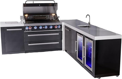 Mont Alpi MAi805-BSS90BEVFCXL 6-Burner 94"x113" L-shaped Premium Black Stainless Steel Outdoor Kitchen Island BBQ Gas Grill + Beverage Center Sink & Faucet + Fridge + Granite Countertops + Rotisserie