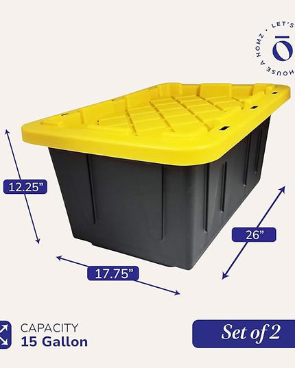 HOMZ 2-Pack Durabilt, Heavy Duty Plastic Storage Bins with Lids, 15 Gallon, Black/Yellow - Stackable Container Boxes for Home, Attic, and Garage Organization