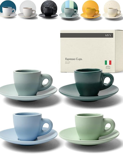 KIVY Espresso Cups Set of 4 [Set 4x 3oz]- Espresso Set Thick Walled Stoneware Espresso Cup Set - Italian Style Espresso Cups and Saucers - Coffee Mugs - Pastell Green, Blue