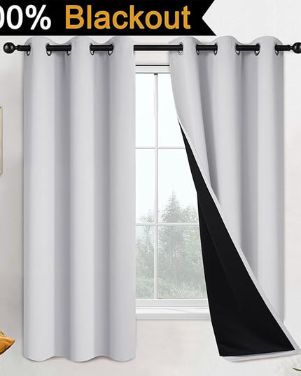 Yakamok 100% Blackout Curtains 63 Inches Long, 2 Thick Layers Heat and Full Light Blocking Soft Thermal Insulated Drapes for Bedroom(42" Wide Each Panel, Greyish White, 2 Panels)