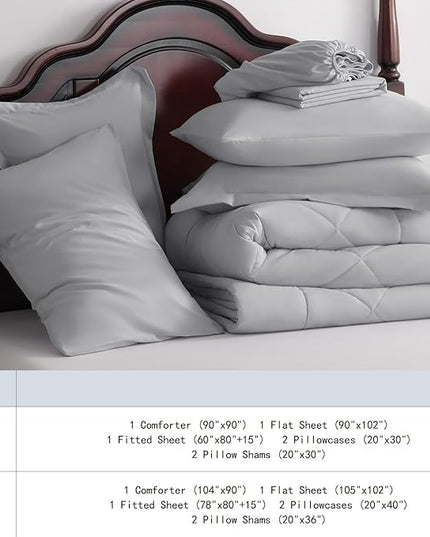 NTBAY King Comforter Set with Sheets, 7 Pieces Soft and Breathable King Bedding Set, Bed in a Bag, Down Alternative Comforter Set Solid Color All Season, King Bedding Set, Light Grey