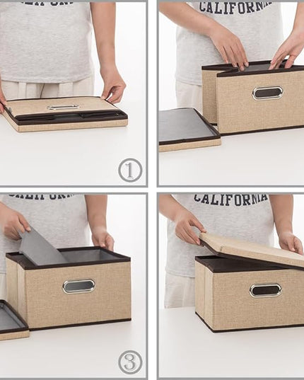 PRANDOM Storage Bins with Lids [3-Pack] Jute Fabric Foldable Storage Boxes Organizer Containers Baskets Cube with Cover for Home Bedroom Closet Office Nursery khaki（11.4X8.6X6.7