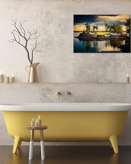 chenchenArt Sunset Landscape Golf Course Wall Art Picture Golf Course Wall Decor for Living Room Bedroom Bathroom Home Decorations Canvas Prints Framed Ready to Hang(28''H x 44''W)