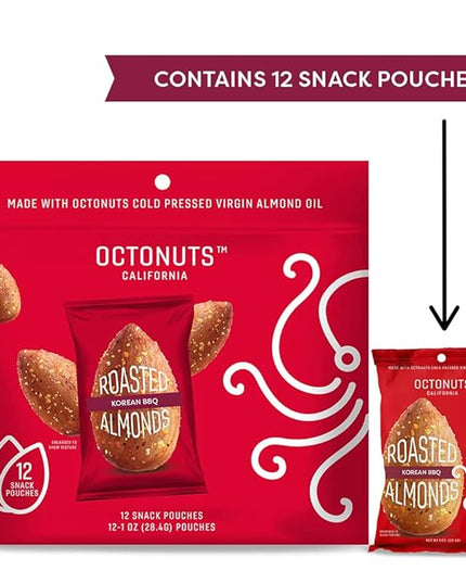 Octonuts Korean BBQ Almonds – 12 Individually Wrapped Snack Packs (1oz Each), Healthy Snacks for Adults and Kids, Non-GMO, Keto and Gluten-Free, Roasted in Cold Pressed Olive Oil