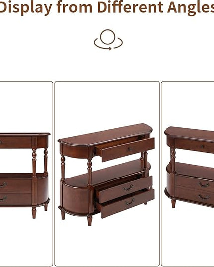 HMFULE Solid Wood Retro Curved Console Table, 43" Half Moon Console Table Sofa Table Entryway Table with 3 Drawers Open Shelf Pine Roman Legs Curved Corners for Living Room,Entryway,Hallway,Cherry